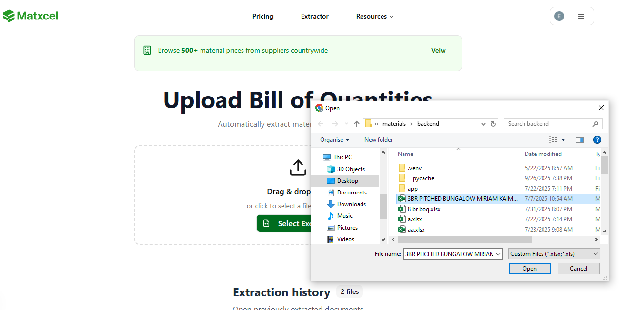 Upload BOQ interface